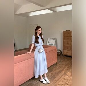 Light Blue Top And Mid Skirt Set